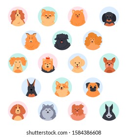 Pet cute faces. Cute dog head. Poodle, funny yorkshire terrier, pomeranian spitz and labrador retriever. Purebred dogs muzzle vector illustration set. Social network circular avatars. Flat icon pack