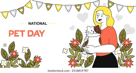 Afiche del día del animal doméstico. Chica joven con gato. Festivo internacional y festival 11 de abril. Propietaria con animal doméstico. Amor y cuidado, amabilidad. Ilustración vectorial lineal aislada sobre fondo blanco