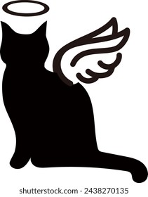 Pet death, silhouette vector illustration of a cat with angel wings.