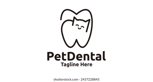 diseño de logotipo dental de mascotas, combinación de gato y dientes, símbolo de plantilla de diseño de logotipo, icono, idea creativa.