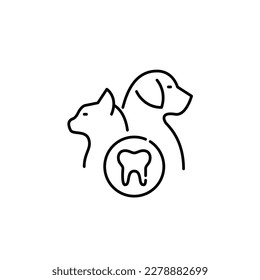 Servicios dentales para mascotas. Gato, perro y diente. Icono de trazo de píxeles perfecto, modificable