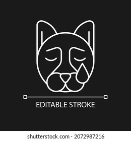 Pet depression white linear icon for dark theme. Sad animal. Domestic pet mental health problems. Thin line customizable illustration. Isolated vector contour symbol for night mode. Editable stroke
