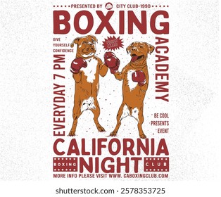 Pet design. Dog boxing academy graphic print design for apparel, stickers, posters and background. Boxing club artwork. Boxing poster design.