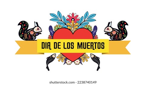 Pet dia de muertos banner. Mexican tradition and culture. Holiday and festival, invitation and greeting postcard design. Silhouettes of dog and cat in flowers. Cartoon flat vector illustration