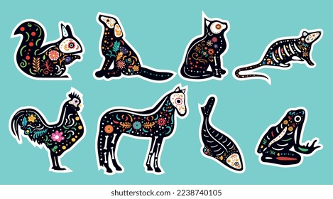 Pet dia de muertos stickers. Collection of icons for website. Traditional Mexican holiday and festival, culture. Silhouettes of pets. Cartoon flat vector illustrations isolated on blue background