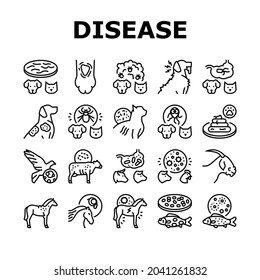 Pet Disease Ill Health Problem Icons Set Vector. Salmonellosis And Tapeworm, Psittacosis And Sarcoptic Mange, Leptospirosis And Streptococcues Pet Disease Black Contour Illustrations