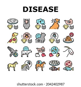 Enfermedad de mascotas Enfermedad de la salud Iconos Set Vector. Salmonelosis Y Tapeworm, Psittacosis Y Manga Sarcóptica, Leptospirosis Y Streptococcus Pet. Ilustraciones de color de animales domésticos