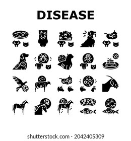 Pet Disease Ill Health Problem Icons Set Vector. Salmonellosis And Tapeworm, Psittacosis And Sarcoptic Mange, Leptospirosis And Streptococcues Pet Disease Glyph Pictograms Black Illustrations