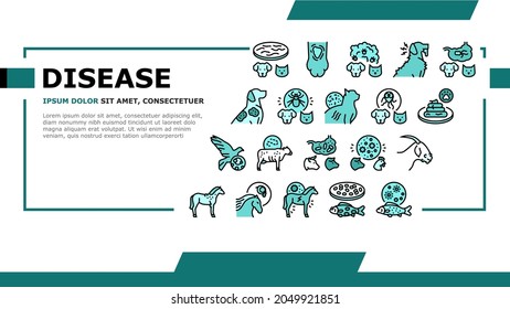 Pet Disease Ill Health Problem Landing Web Page Header Banner Template Vector. Salmonellosis And Tapeworm, Psittacosis And Sarcoptic Mange, Leptospirosis And Streptococcues Pet Disease Illustration