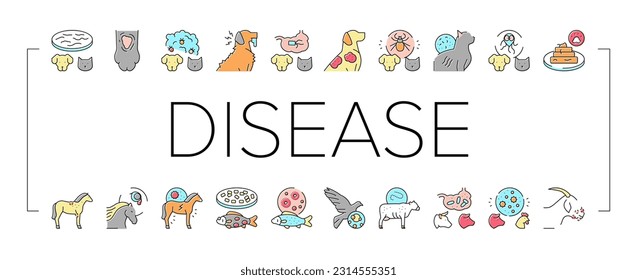 Pet Disease Ill Health Problem Icons Set Vector. Salmonellosis And Tapeworm, Psittacosis And Sarcoptic Mange, Leptospirosis And Streptococcues Pet Disease Line. Domestic Animal Color Illustrations