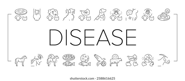 Pet Disease Ill Health Problem Icons Set Vector. Salmonellosis And Tapeworm, Psittacosis And Sarcoptic Mange, Leptospirosis And Streptococcues Pet Disease Black Contour Illustrations