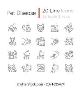 Pet disease linear icons set. Infectious viral illness. Physical animal injuries. Veterinary examination. Customizable thin line contour symbols. Isolated vector outline illustrations. Editable stroke