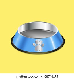 Pet dish. Empty metallic cat plate. Blue chrome shiny food bowl with a paw. Pet supply on yellow background. Black edging. Vector EPS10 realistic illustration.