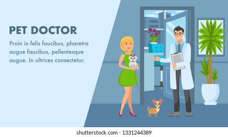 Pet Doctor Appointment Banner Vector Template. Veterinarian meet Pet Lover with Dogs. Woman, Vet Doctor and Pets Cartoon Character. Animal Hospital Flat Illustration with Copyspace. Pet Care Service