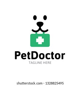 Pet Doctor medical logo design template. Flat illustration background with dog and first aid kit. Vector animal icon label for veterinary clinic, hospital, vet services and pharmacy