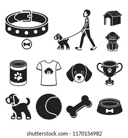 Pet dog black icons in set collection for design. Caring for the puppy vector symbol stock web illustration.