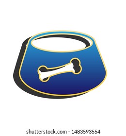 Pet dog bowl sign. Blue icon with gold contour with dark gray shadow at white background. Illustration.