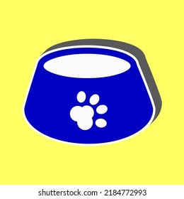 Pet dog bowl sign. Blue Icon with white stroke in 3d at yellow Background. Illustration.