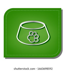 Pet dog bowl sign  Silver gradient line icon and dark green shadow at ecological patched green leaf  Illustration 