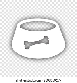 Pet dog bowl sign. White Icon with dropped natural gray Shadow at transparent Background. Illustration.