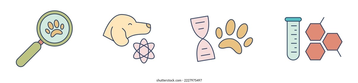 Pet dog breed analysis icon set, puppy breed identification concept, DNA species kit vector icons, clinic blood sample emblems, lab test animal race symbols isolated on white background
