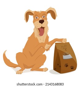 Pet, dog breed golden retriever. A large bag with food for animals. Vector illustration, cartoon isolated on white