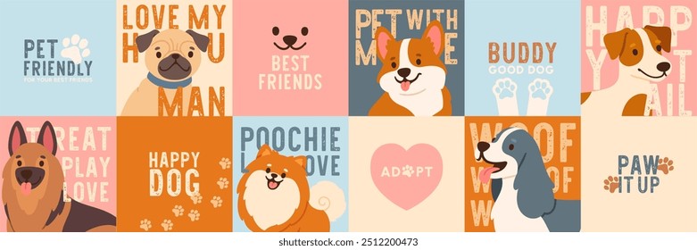 Cartões de cachorro de estimação. Adesivos de desenhos animados com bonitos filhotes e frases, citações. Modelo de mídia social sobre a adoção de animais. Loja de animais, banner de produtos. Conceito vetorial.