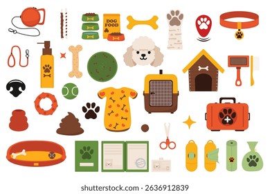Pet dog care accessories. Dog supplies store. Pets toys icons for puppies, domestic animals