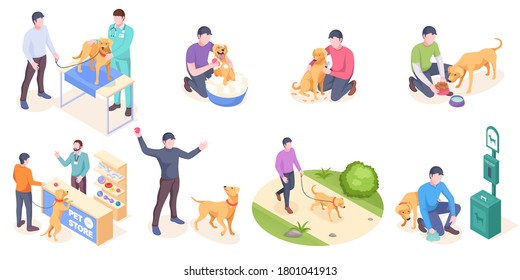 Pet Dog Care, Daily Owner Life, Vector Isolated Isometric Icons. Dog Pet And Owner Daily Activity, Veterinarian Checkup, Walking In Park And Picking Pet Poop, Training With Toy Ball And Grooming