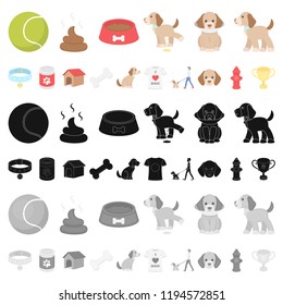 Pet dog cartoon icons in set collection for design. Caring for the puppy vector symbol stock web illustration.