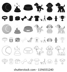 Pet dog cartoon icons in set collection for design. Caring for the puppy vector symbol stock web illustration.
