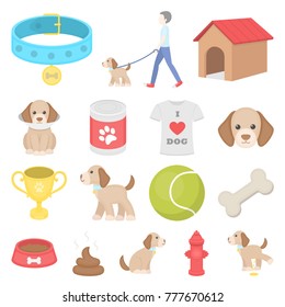 Pet dog cartoon icons in set collection for design. Caring for the puppy vector symbol stock web illustration.