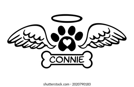 Pet Dog ,Cat Memorial.Footprint of pet's paw with heart,angel wings,halo,bone tag frame.Connie.Dog Mom Clip art,Vector Silhouette cut file.Sticker,Tattoo,T-shirt print,laser plotter cutting.Love.Loss.