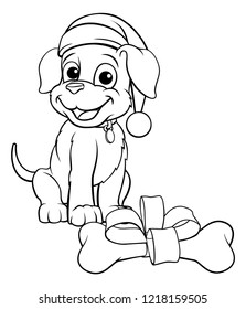 A pet dog in a Christmas Santa Claus hat cute cartoon character with its bone gift outline black and white coloring illustration