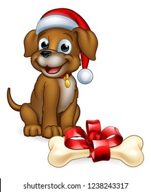 A pet dog in a Christmas Santa Claus hat cute cartoon character with its bone gift