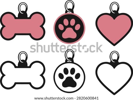 Pet dog collars bone paw heart name tags set, pet, dog, collar, tag, bone, paw, heart, set, icon, symbol