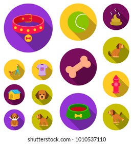 Pet dog flat icons in set collection for design. Caring for the puppy vector symbol stock web illustration.