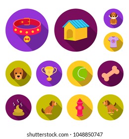 Pet dog flat icons in set collection for design. Caring for the puppy vector symbol stock web illustration.