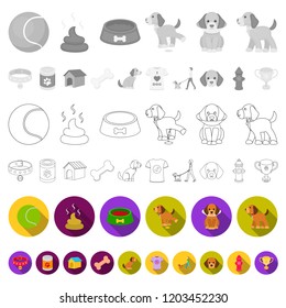 Pet dog flat icons in set collection for design. Caring for the puppy vector symbol stock web illustration.
