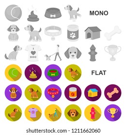 Pet dog flat icons in set collection for design. Caring for the puppy vector symbol stock web illustration.