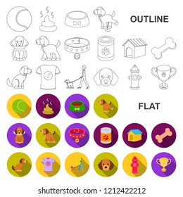 Pet dog flat icons in set collection for design. Caring for the puppy vector symbol stock web illustration.