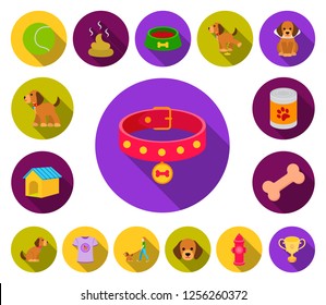 Pet dog flat icons in set collection for design. Caring for the puppy vector symbol stock web illustration.