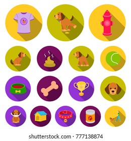 Pet dog flat icons in set collection for design. Caring for the puppy vector symbol stock web illustration.