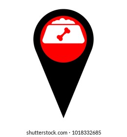 Pet dog food sign illustration. Vector. Flat white icon in red circle at black marker on white background. Isolated.
