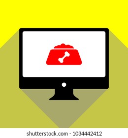 Pet dog food sign illustration. Vector. Red icon on white monitor of black all-in-one desktop computer with two shadows at yellow background.
