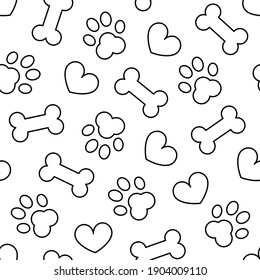 Pet dog footprints heart and bone black outline on a white background seamless pattern. Design for pet supplies, textiles, packaging. Stock vector illustration. 