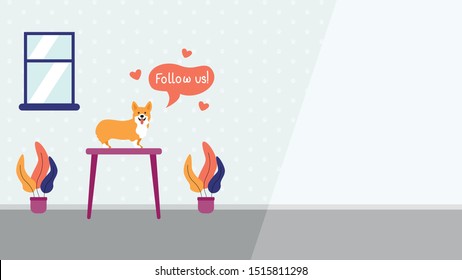 Pet, Dog Grooming Salon Vector Illustration Landing Page Corgi Dog Says Follow Us