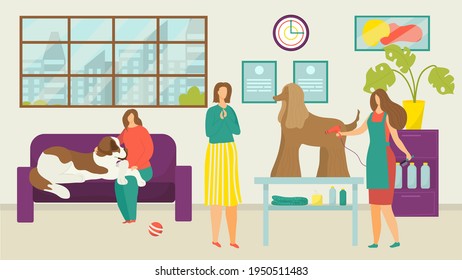 Pet dog grooming, vector illustration. Care about cartoon cute domestic animal in salon, woman groomer character cut dog's hair with scissors
