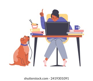 Pet dog holds leash in teeth and waits for girl finish work flat style, vector illustration isolated on white background. Decorative design element, freelance lifestyle, busy character