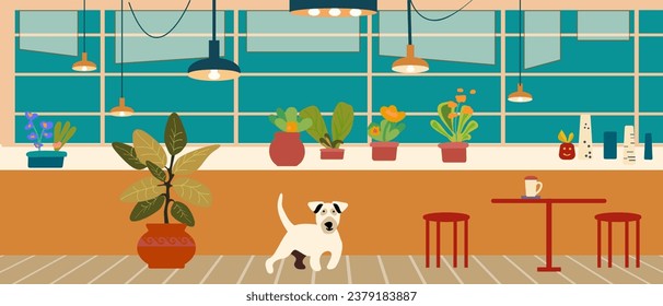 Pet dog in home apartment, happy domestic animals flat vector illustration. Interior. Friendship, love for pet concept for banner, website design or landing web page